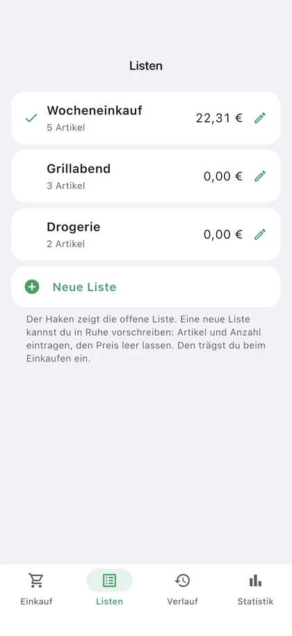 Mitrechner: vorbereitete Einkaufslisten