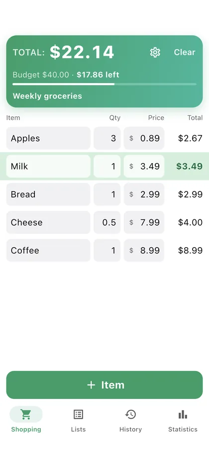 Mitrechner: a shopping list with total and budget
