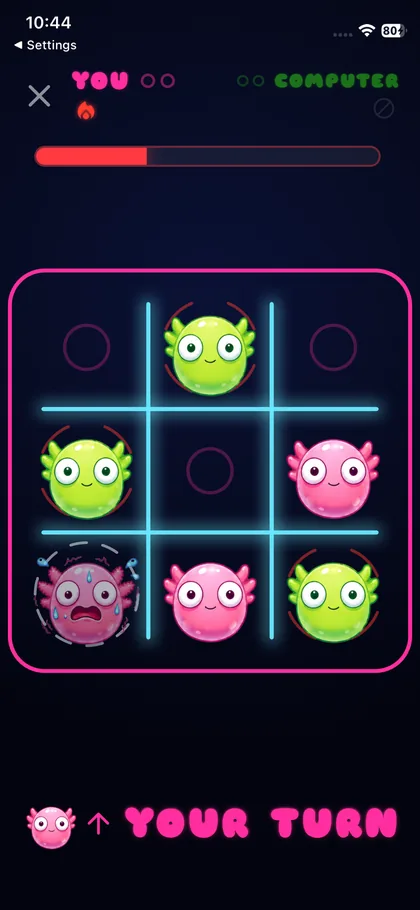 Shlayolotl: a three by three board with pink and green axolotls on it