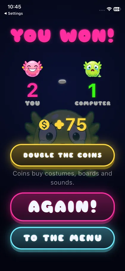 Shlayolotl: the screen after a won game